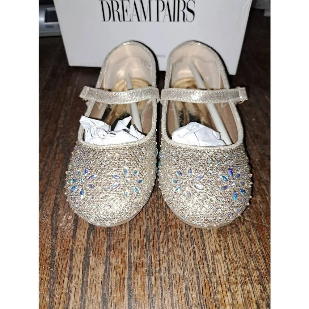 Girls Size 8 Dream Pairs Gold Glitter Embellished Angel Mary Jane Dress Shoes
